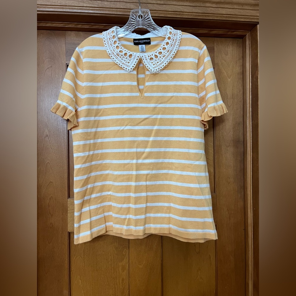 Karl Lagerfeld Striped Lace Crochet Collared Blouse Size Large Yellow and White